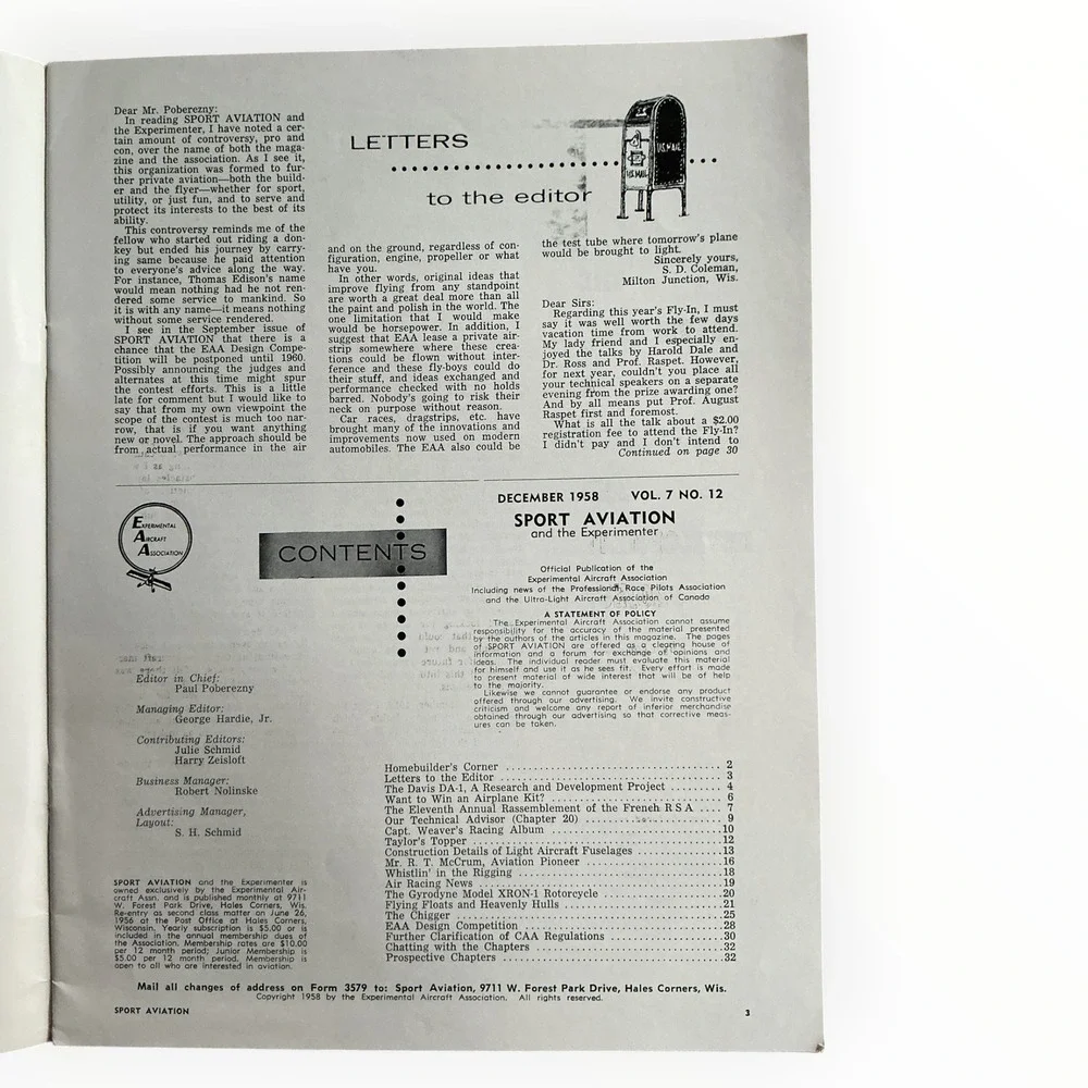 1958 EAA Sport Aviation Magazine December Davis DA-1 Homebuilt Aircraft